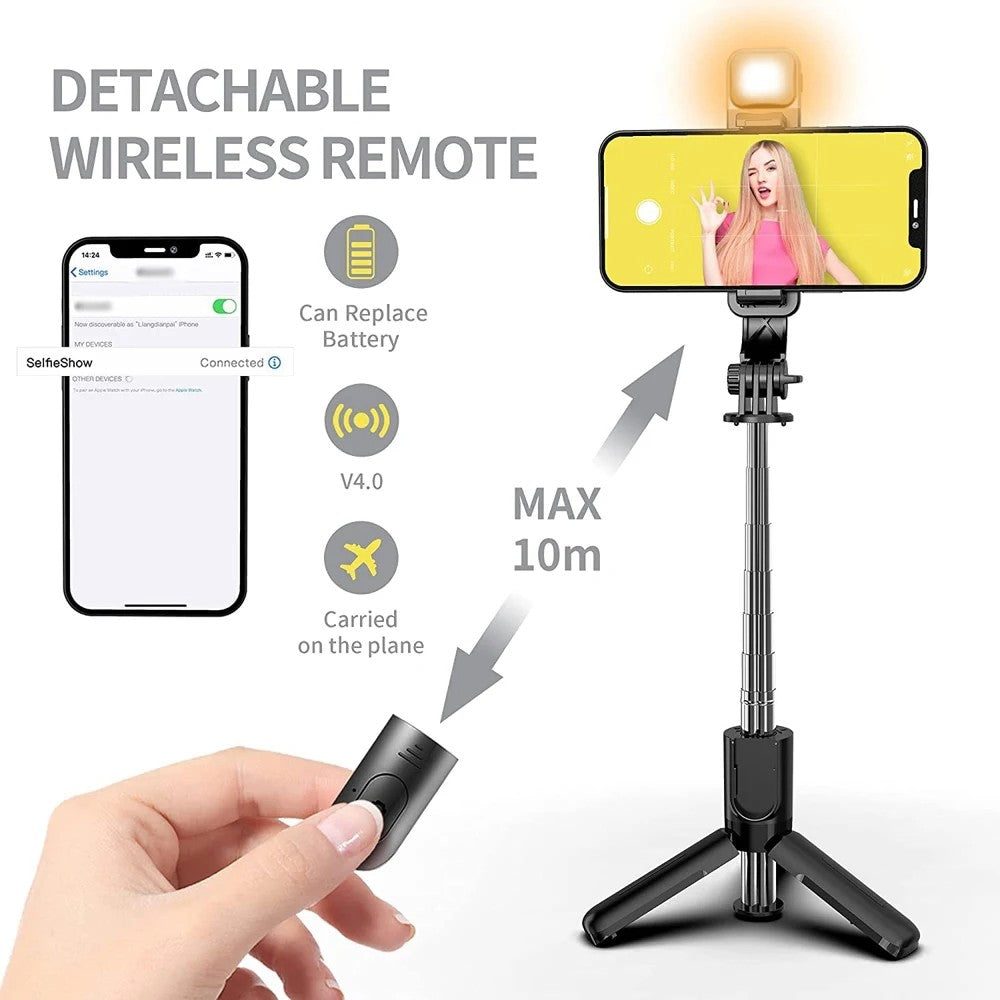 Trípode Palo Selfie 3 en 1 con Control Remoto Bluetooth y Cabezal Rotativo