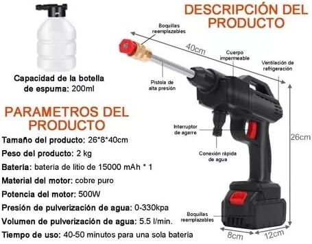 Hidrolimpiadora Portátil a Batería | Pistola de Lavado de Alta Presión con Motor de 300W