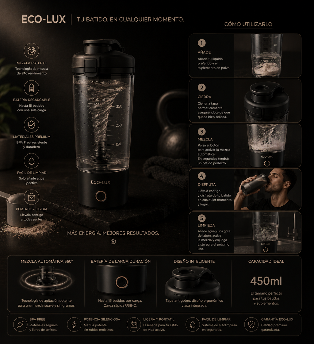 Coctelera Eléctrica Recargable 450ml | Batidora Portátil para Proteínas y Batidos Fitness
