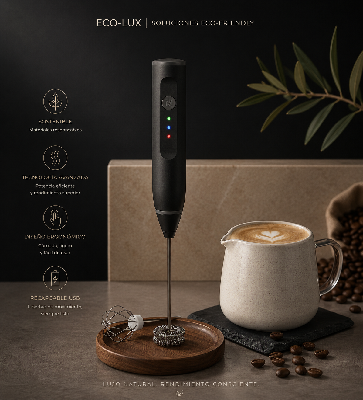 Espumador de Leche Recargable USB | Batidor Eléctrico de 3 Velocidades