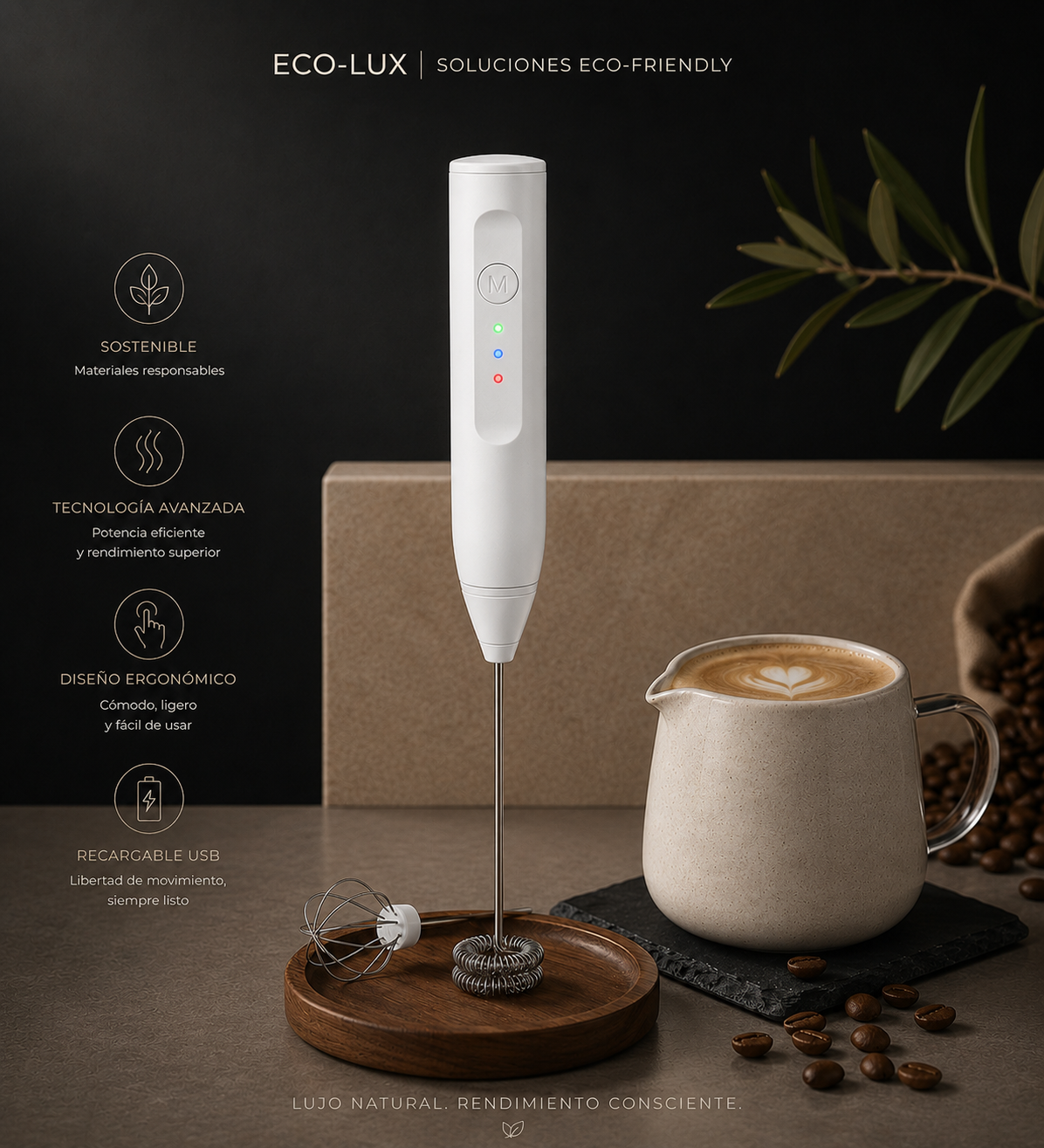 Espumador de Leche Recargable USB | Batidor Eléctrico de 3 Velocidades