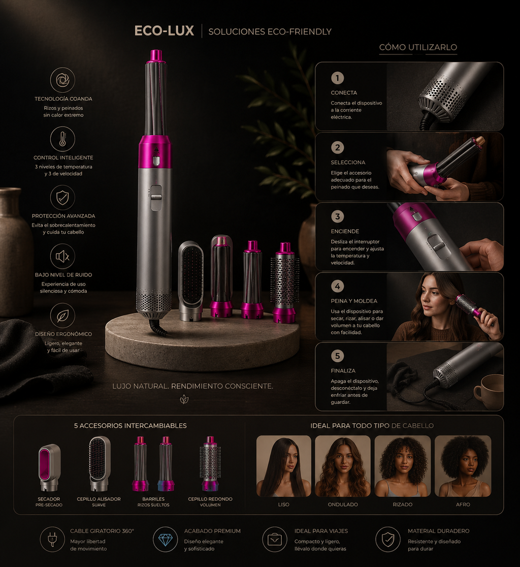 Revolution Hair 5 en 1 | Moldeador, Secador y Rizador Multifunción Profesional