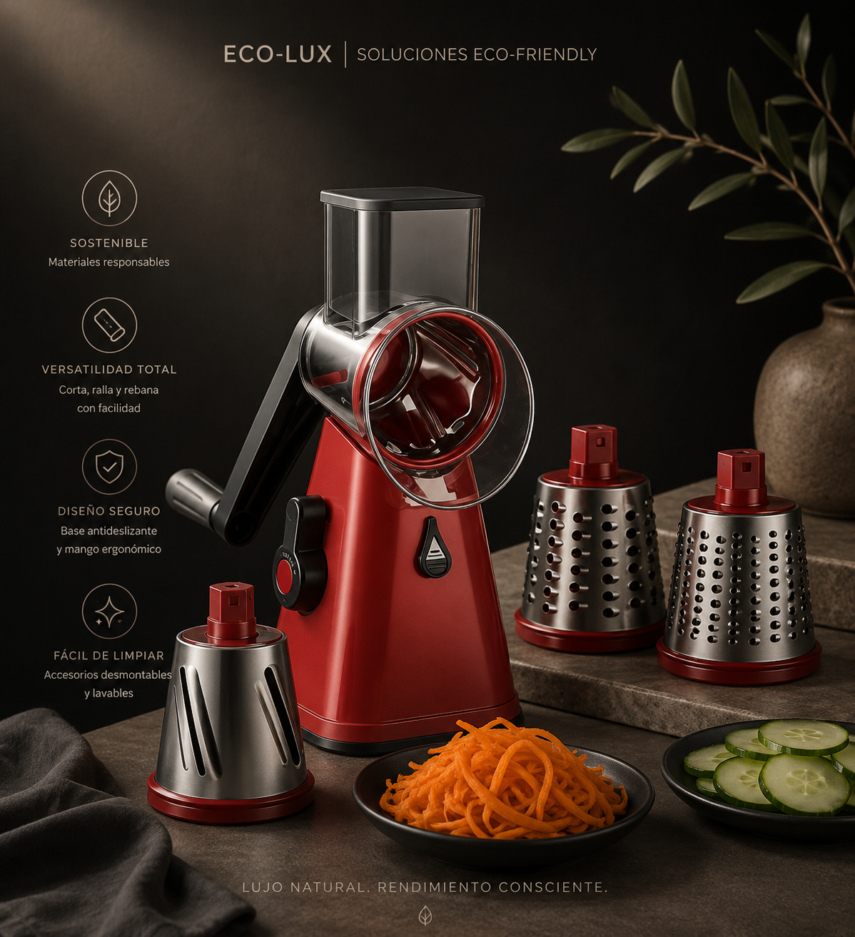 Rallador Rotativo Multifuncional | 3 Cuchillas de Acero Inoxidable y Diseño Seguro